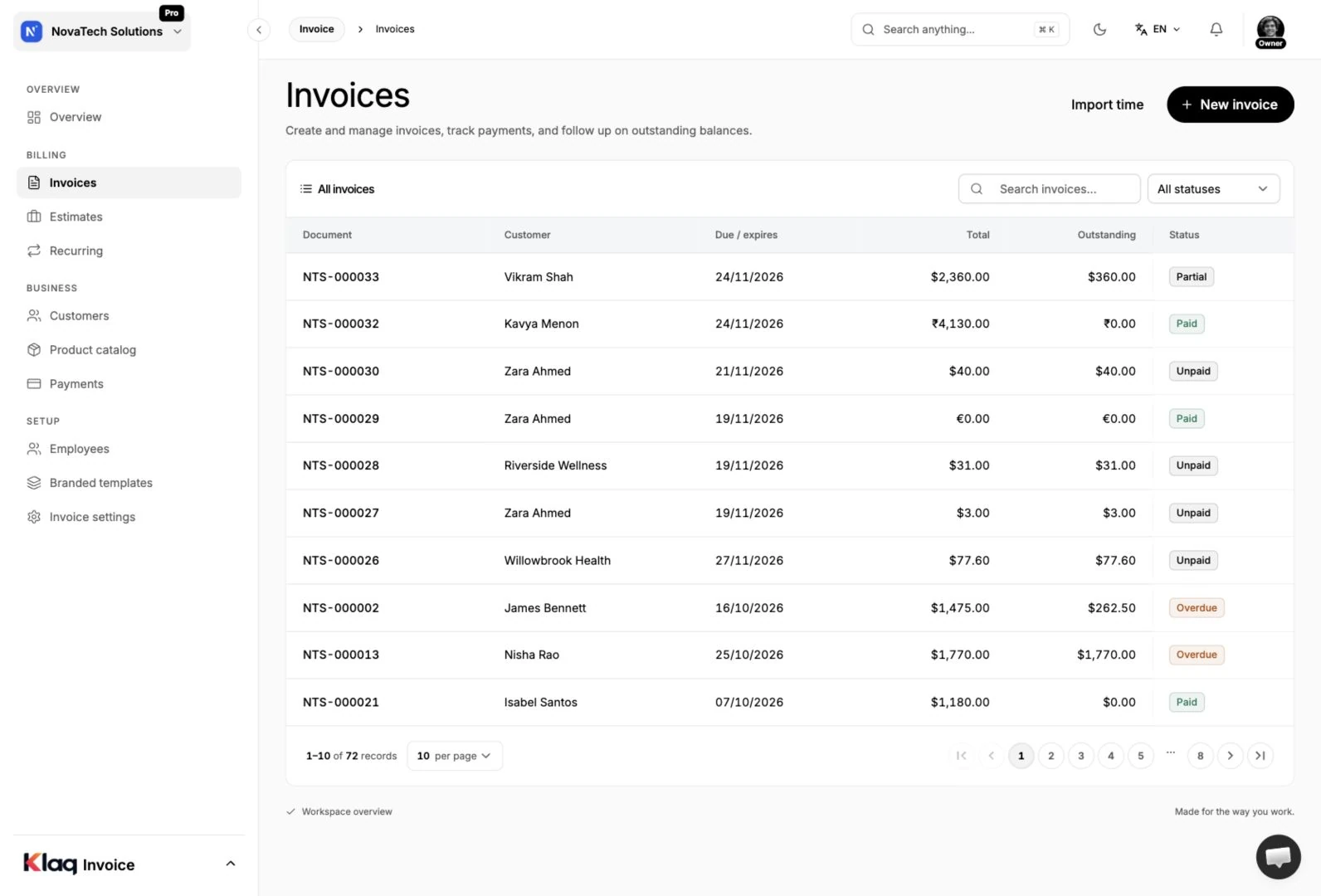 Invoices in the Klaq demo workspace