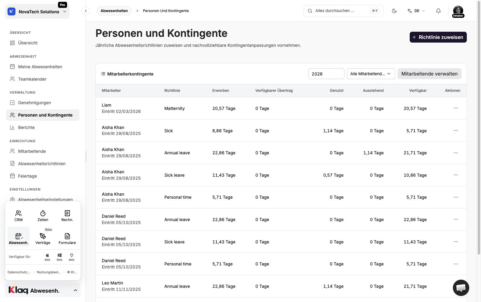 Urlaubssalden im Klaq-Demoarbeitsbereich