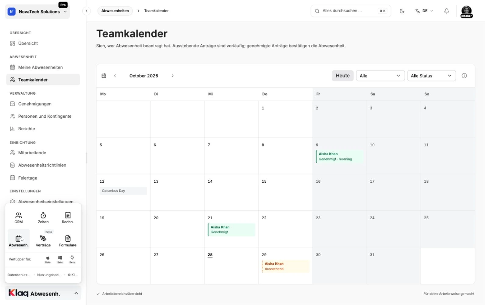 Teamkalender im Klaq-Demoarbeitsbereich