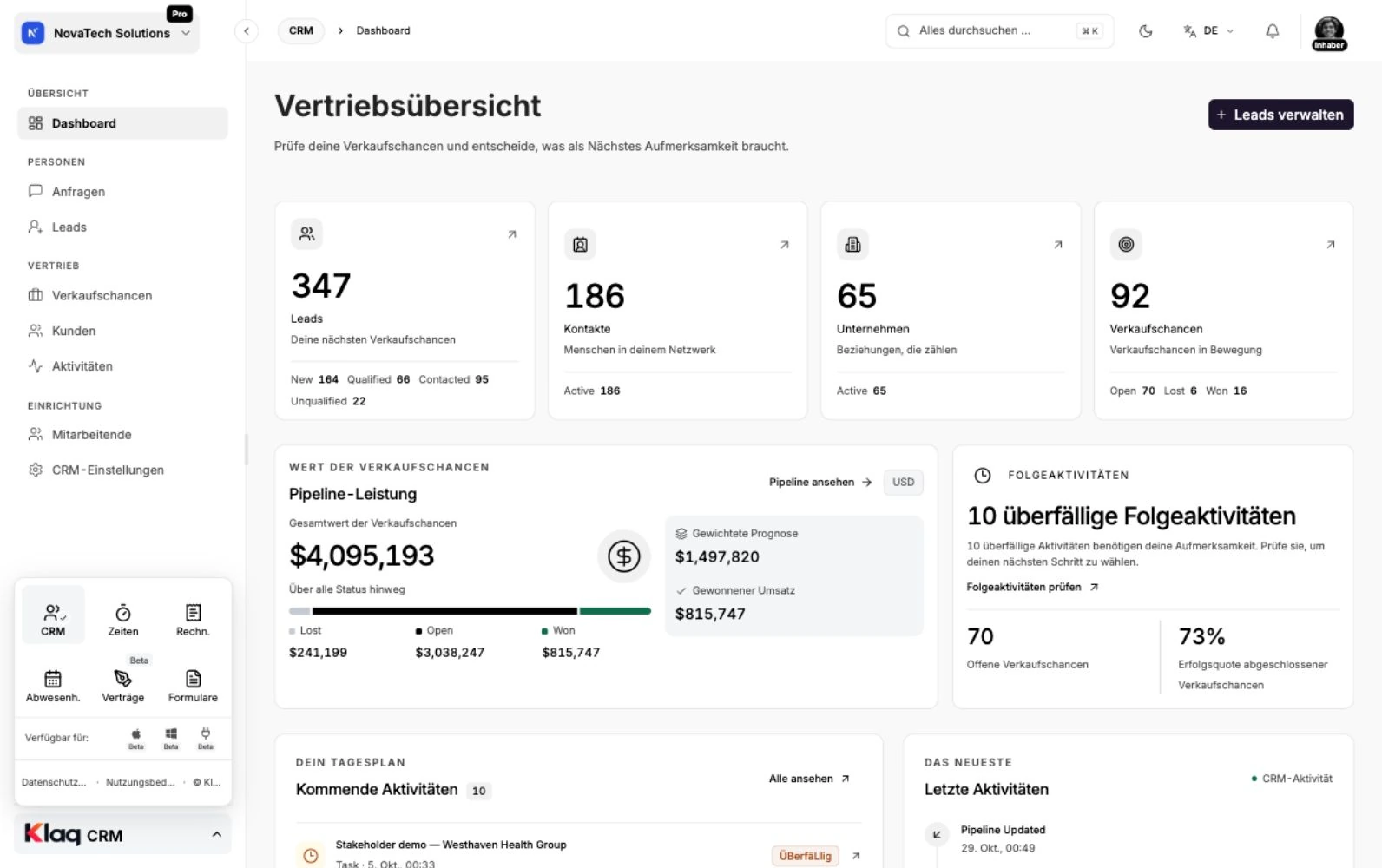 CRM im Klaq-Demoarbeitsbereich