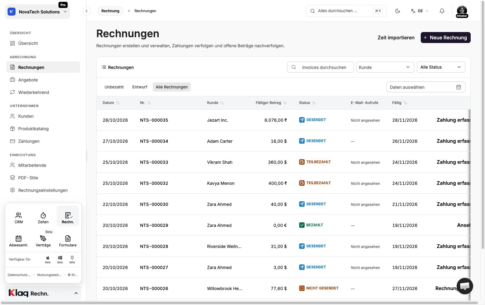 Rechnungen im Klaq-Demoarbeitsbereich
