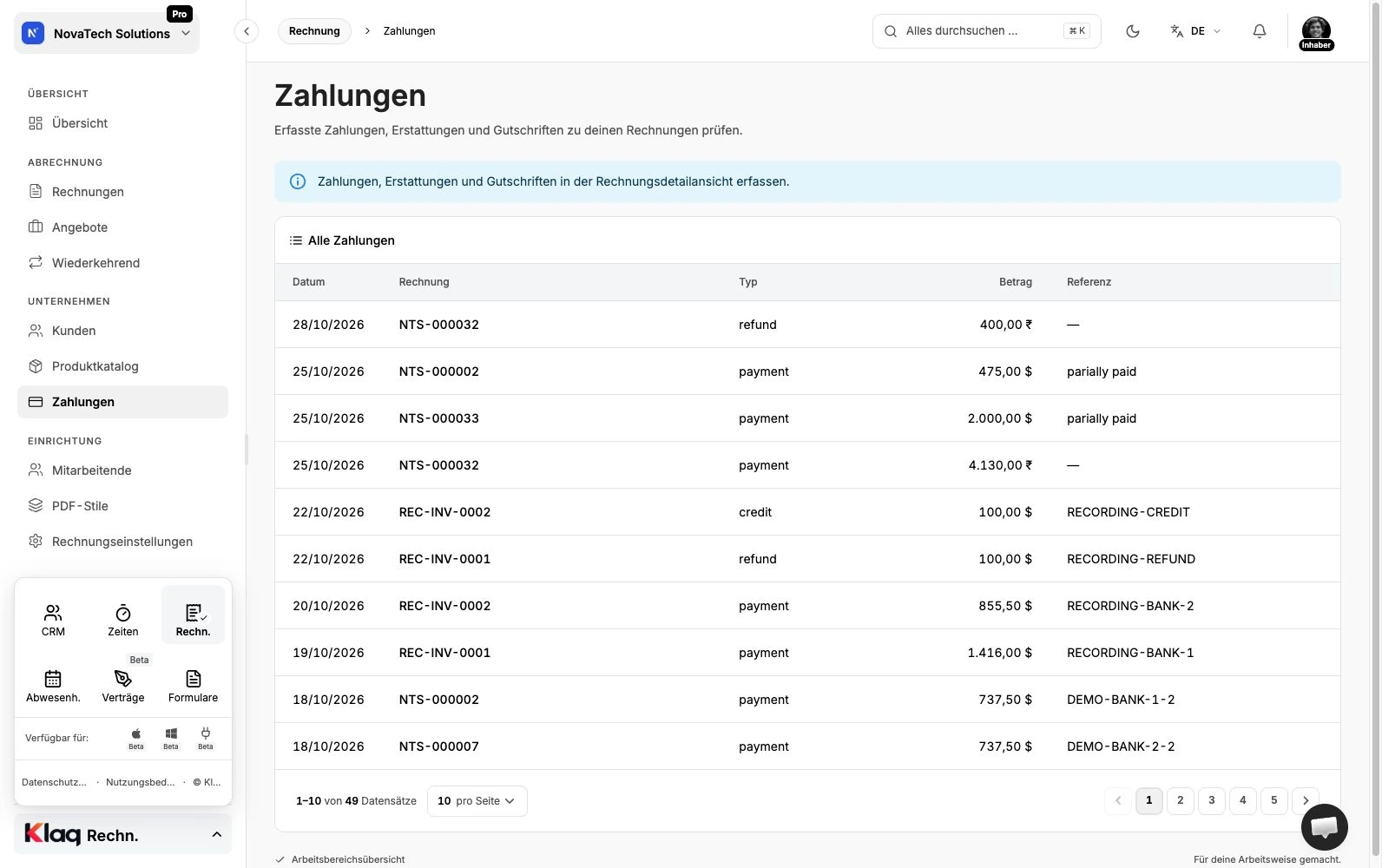 Zahlungen im Klaq-Demoarbeitsbereich