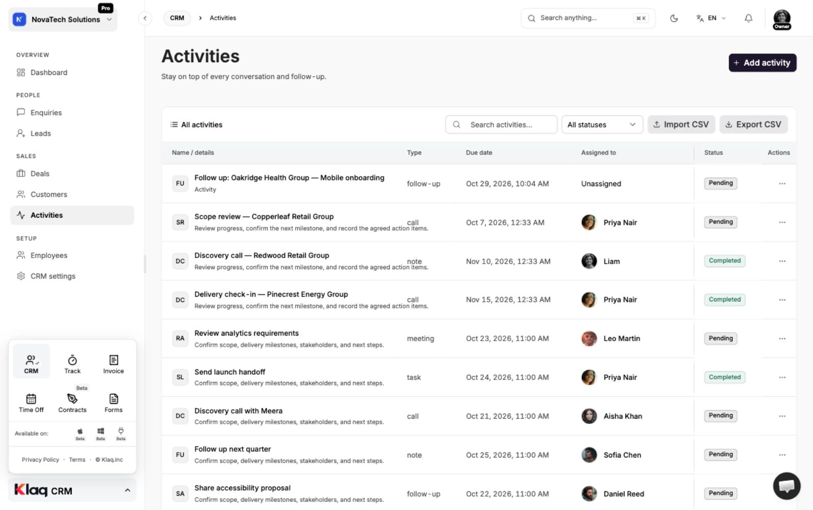 Activities in the Klaq demo workspace