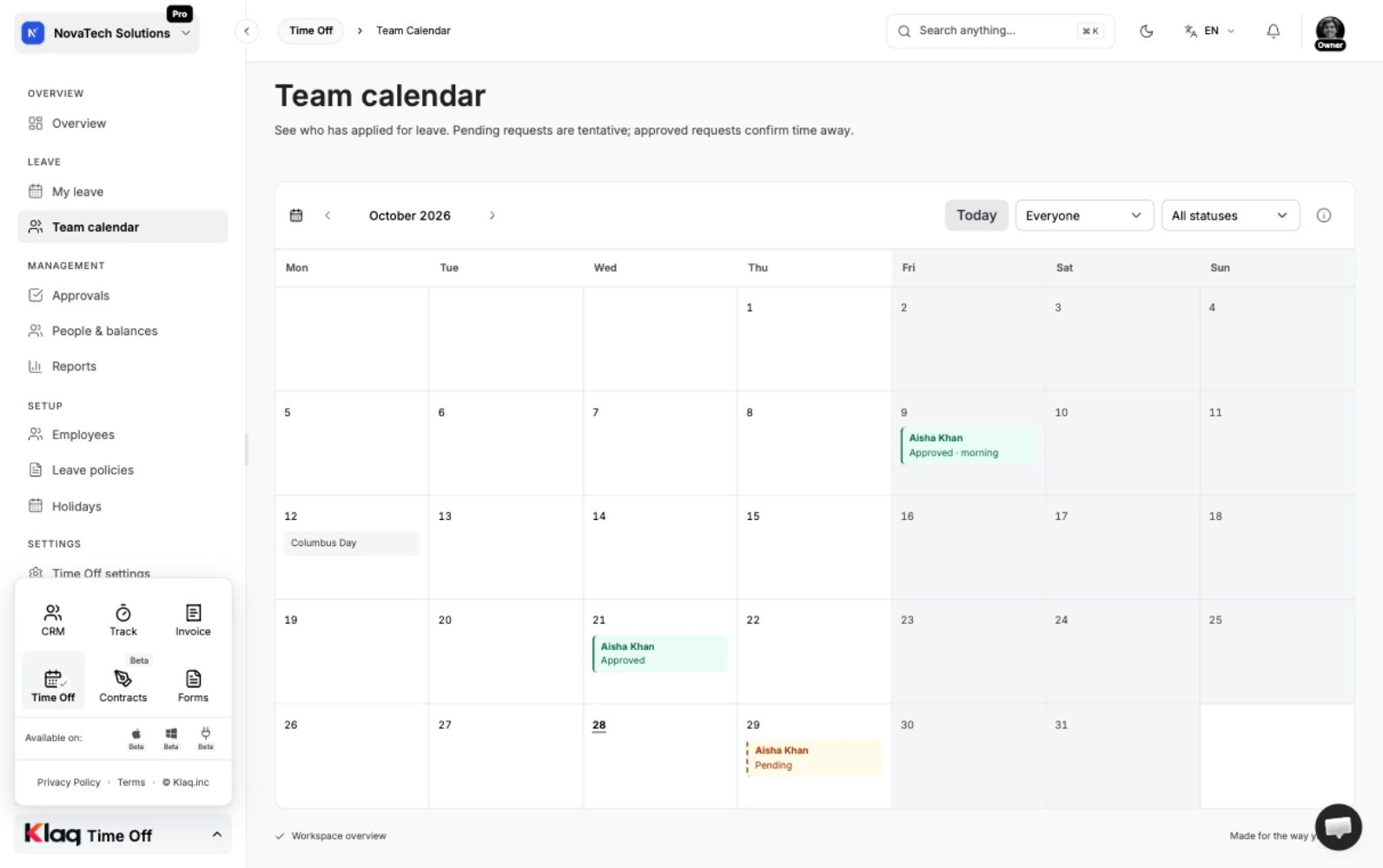 Team calendar in the Klaq demo workspace