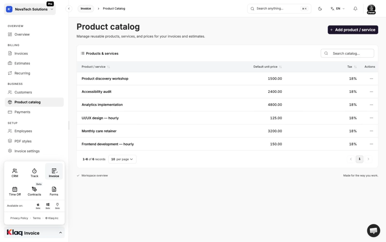 Product catalog in the Klaq demo workspace