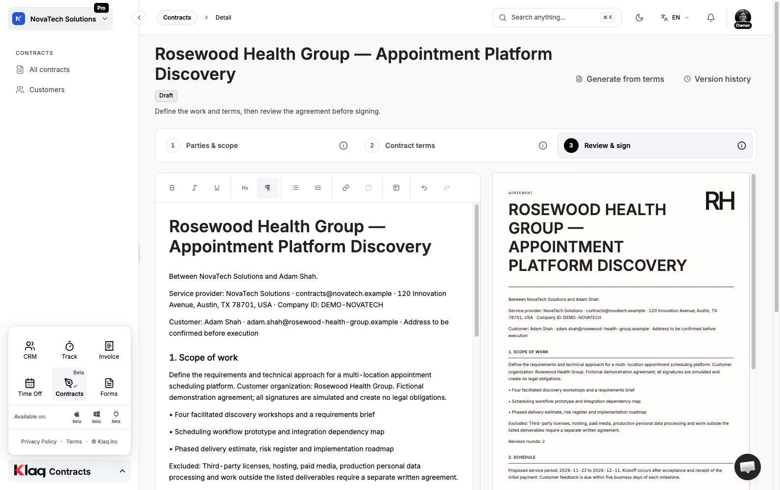 Review agreement in the Klaq demo workspace