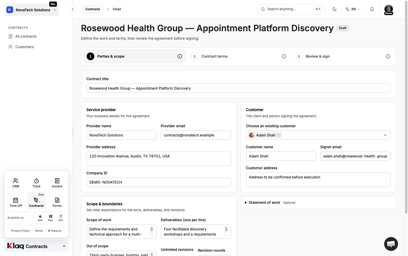 Parties & scope in the Klaq demo workspace