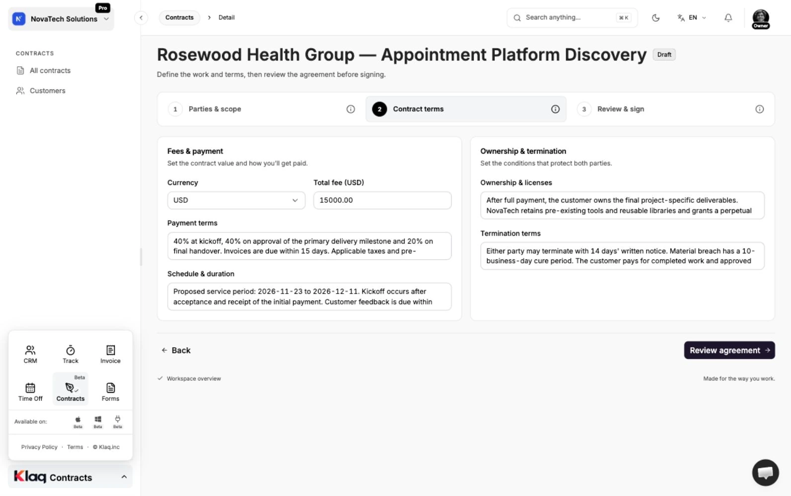 Contract terms in the Klaq demo workspace