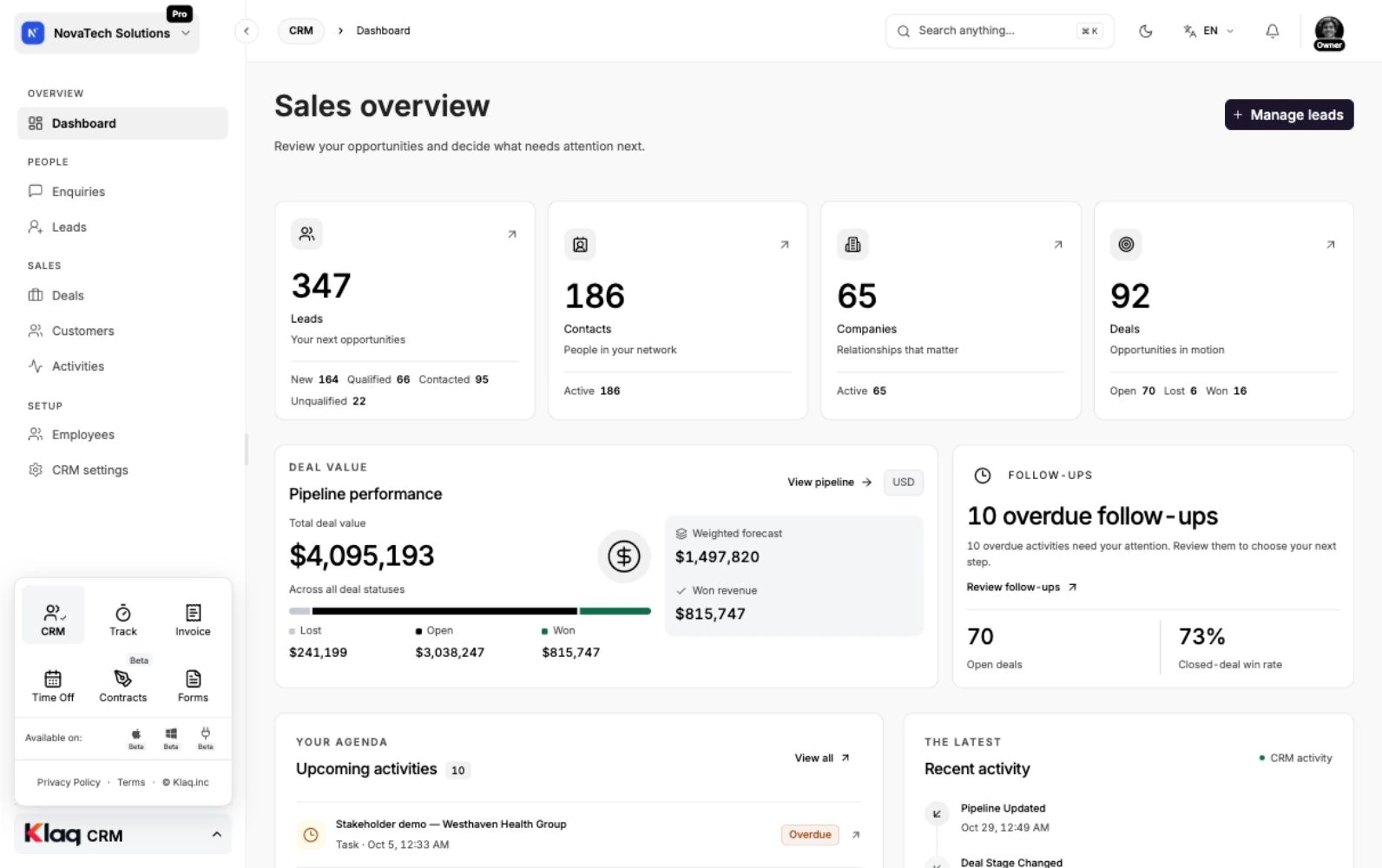 CRM in the Klaq demo workspace