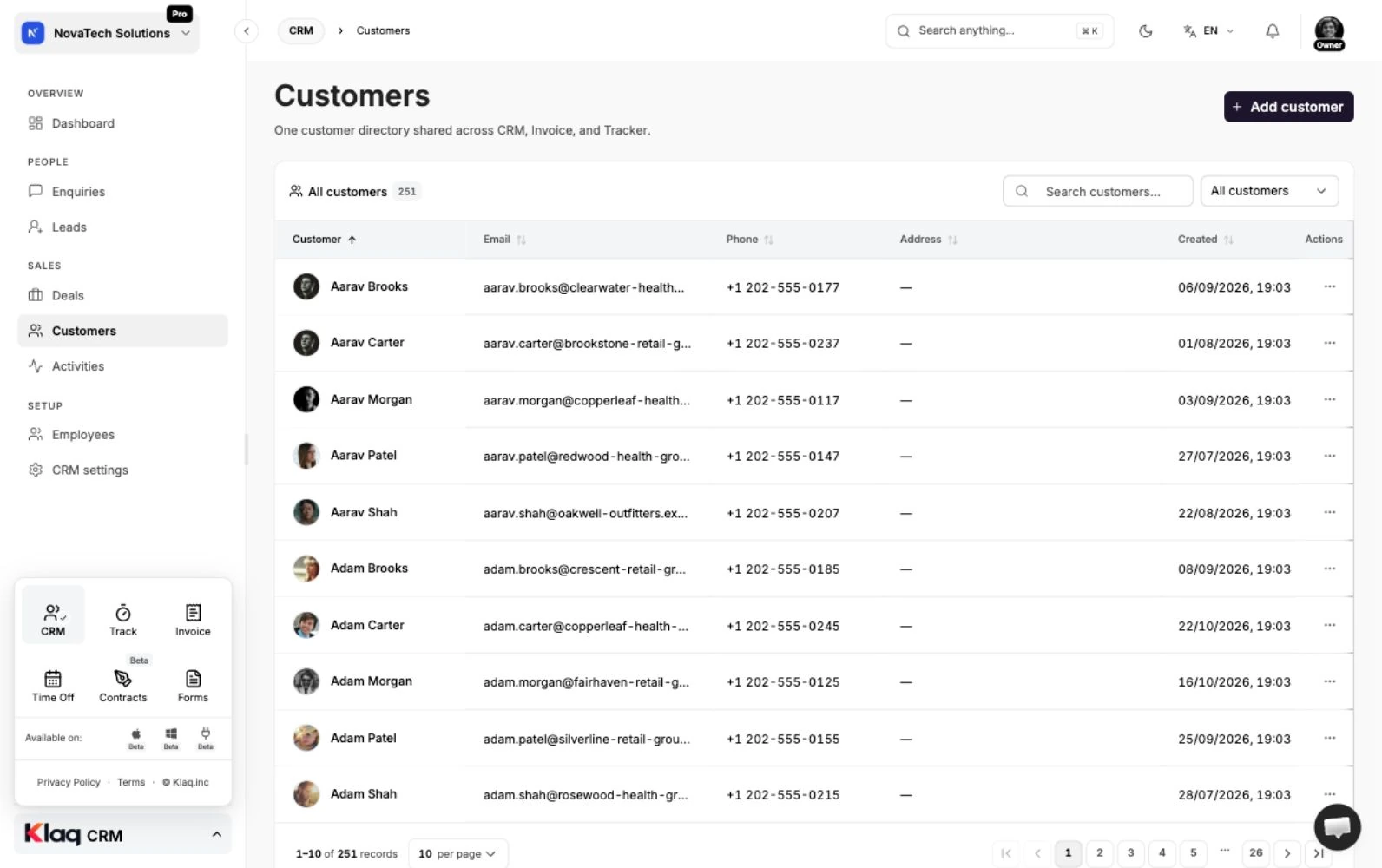 Customers in the Klaq demo workspace