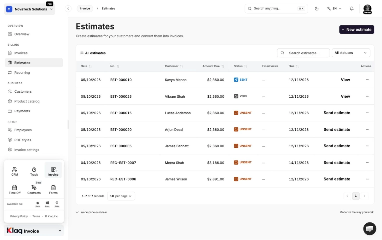 Estimates in the Klaq demo workspace