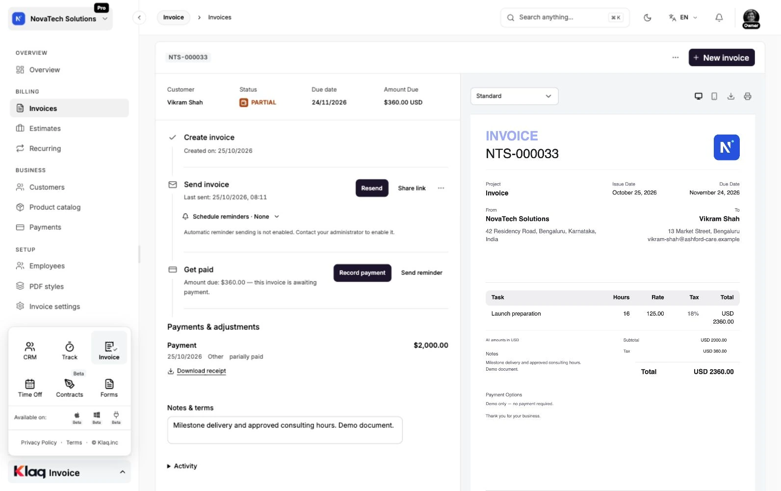 Invoice details in the Klaq demo workspace