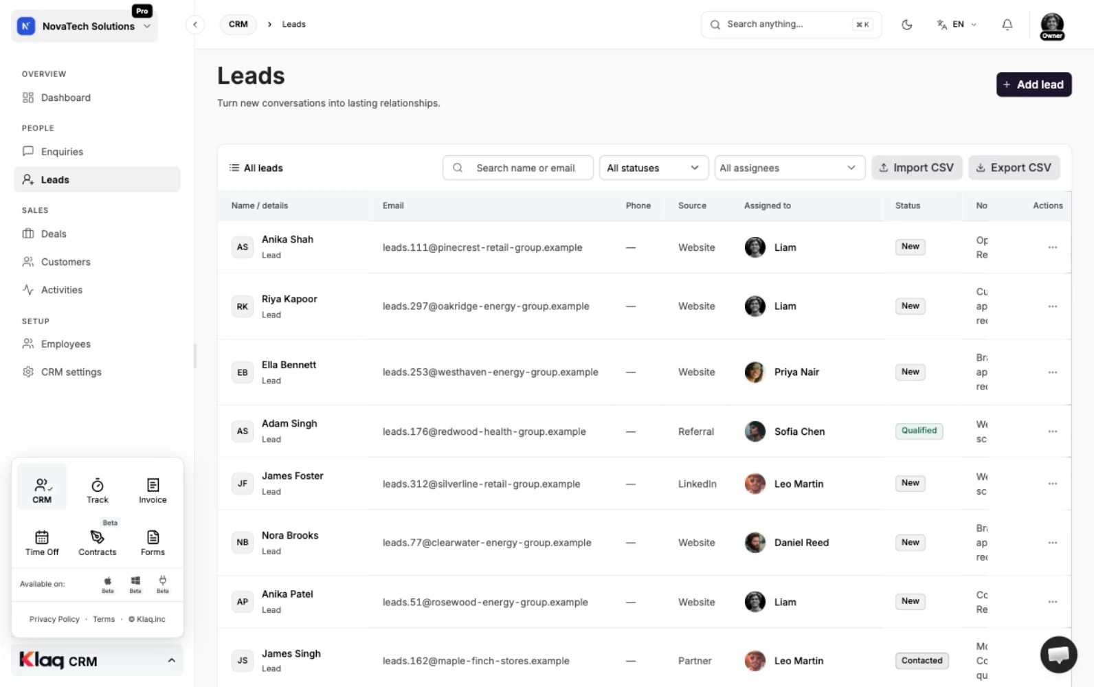 Leads in the Klaq demo workspace