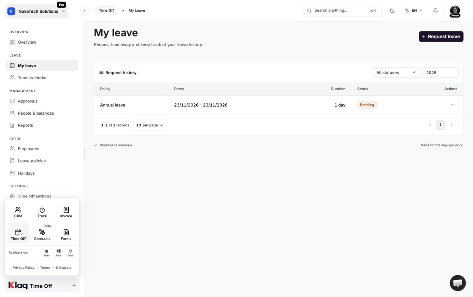 My leave in the Klaq demo workspace