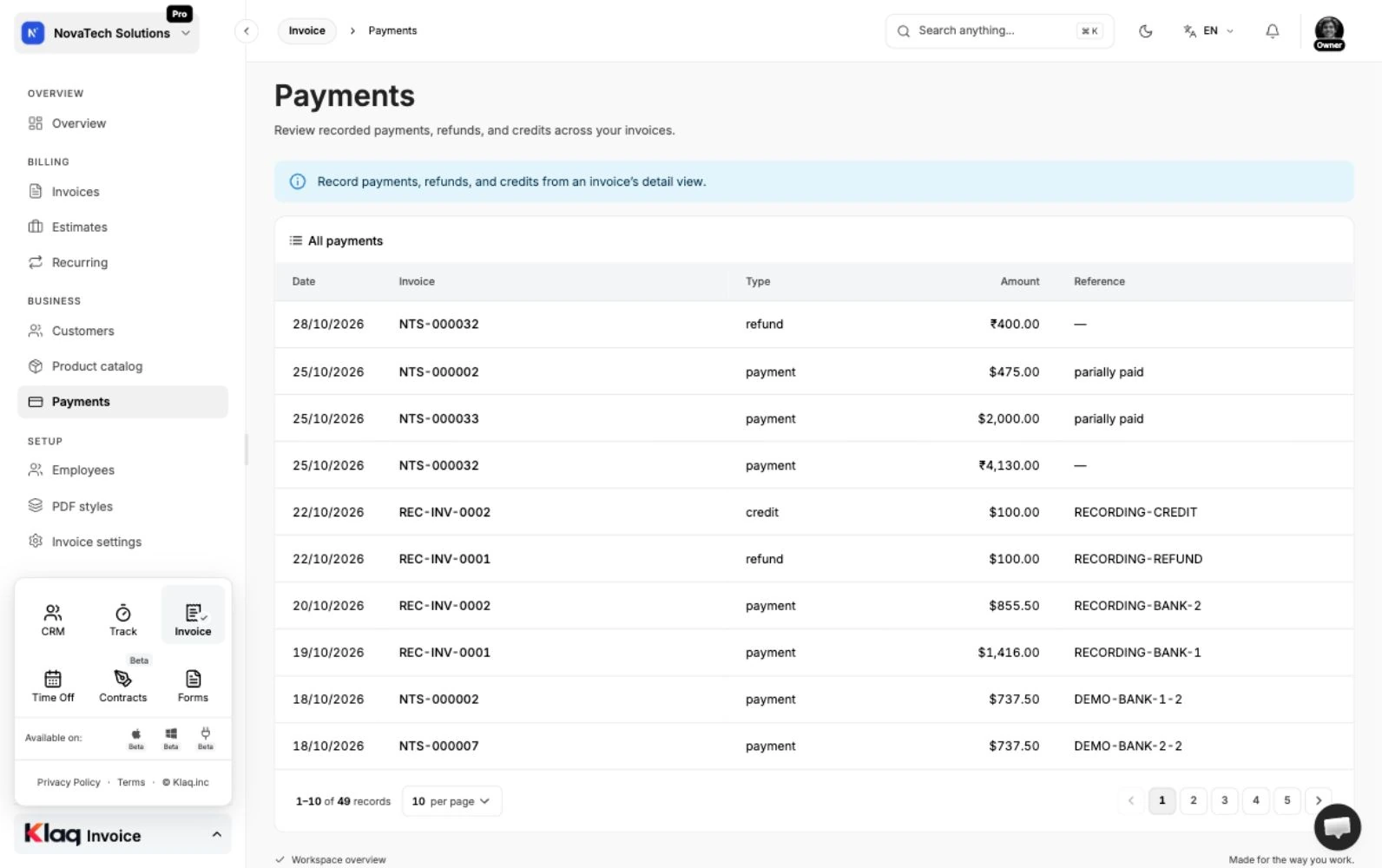 Payments in the Klaq demo workspace