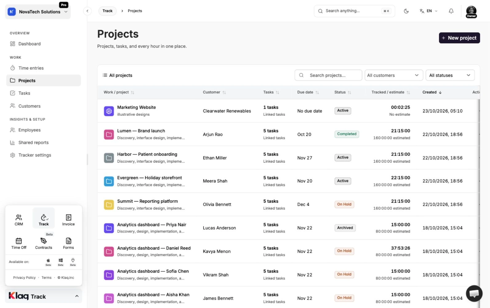 Projects in the Klaq demo workspace
