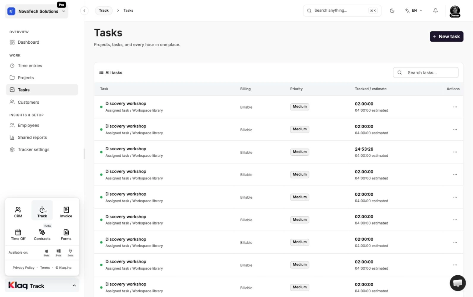 Tasks in the Klaq demo workspace