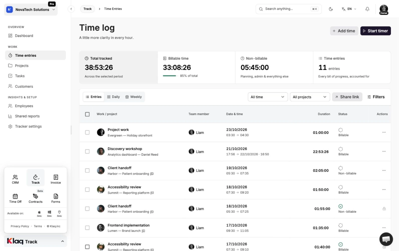 Time entries in the Klaq demo workspace